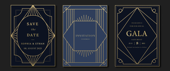 Luxury invitation card background vector. Elegant classic antique design, gold lines gradient on dark blue background. Premium design illustration for gala card, grand opening, art deco. - obrazy, fototapety, plakaty