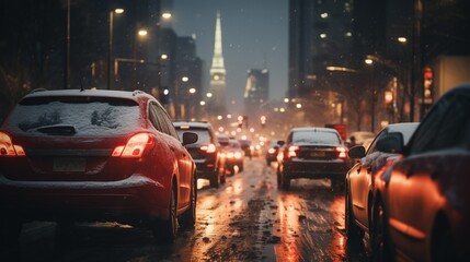 line of vehicles on a snowy city street at dusk, church spire background, soft snow contrasts with the warm glow of brake lights, serene yet active urban environment, busy city life, winter weather