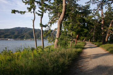 Obraz premium Amanohashidate, Japan; 1st October 2023: Views of the sandbar is located in Miyazu Bay in northern Kyoto Prefecture.