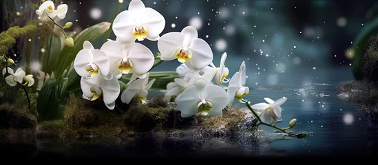 Deurstickers background of a picturesque nature scene during the vibrant spring, a white floral beauty stood out among the black plants, captivating everyones attention with its mesmerizing night blooming the © TheWaterMeloonProjec