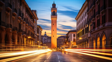 Naklejka premium famous falling Bologna towers Asinelli and GarisendaBologna. Italy. Long exposure, time lapse.,