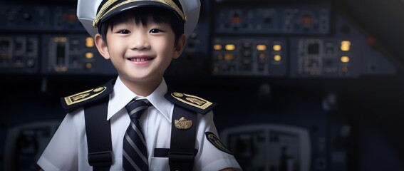 Portrait of young asian boy wearing pilot uniform - obrazy, fototapety, plakaty
