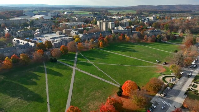Virginia Tech campus in autumn. High aerial shot of Drillfield lawn.