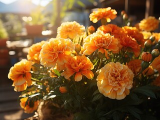 Orange Marigold flowers in the garden with sunlight background.