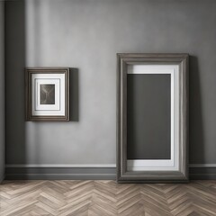 Two empty frames, one made of brushed nickel and the other of distressed wood, hung in a staggered arrangement on a charcoal grey wall with a herringbone-patterned hardwood floor in an empty room.

