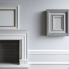 Two empty frames of different sizes and colors resting on a white mantel against a textured grey wall with a patterned tile floor.

