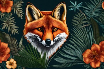 Fox-head tropical flower. embroidered patch sticker, front view. Textile print with a stitched texture of wild animals. Jungle emblem