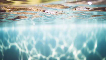 Underwater view of a sunlit pool with a soft focus and light reflections. - obrazy, fototapety, plakaty