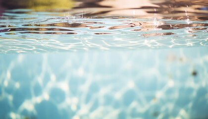 Underwater view of a sunlit pool with a soft focus and light reflections. - obrazy, fototapety, plakaty