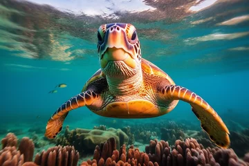 Tuinposter Sea Turtles in the Reef, Majestic turtles frolicking among the corals © artefacti
