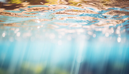 Crystal clear swimming pool water glistening under the sun with a shallow depth of field.