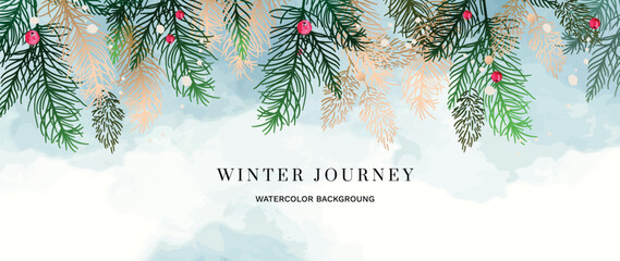 Winter background vector. Hand painted watercolor and gold brush texture, pine leaves, berry hand drawing. Abstract art design for wallpaper, wall art, cover, wedding. invite card. © TWINS DESIGN STUDIO