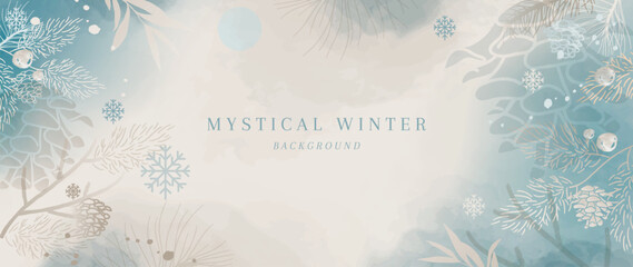 Winter background vector. Hand painted watercolor flower, botanical leaves, pinecone, snowflakes hand drawn. Abstract art design for wallpaper, wall arts, cover, wedding and invite card.