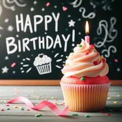 Birthday cupcake in front of a chalkboard. words HAPPY BIRTDAY!!! on chalk board.