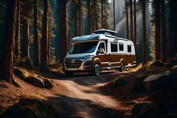 Motorhome camper van in the nature, nomad van life for traveler in the winter holiday