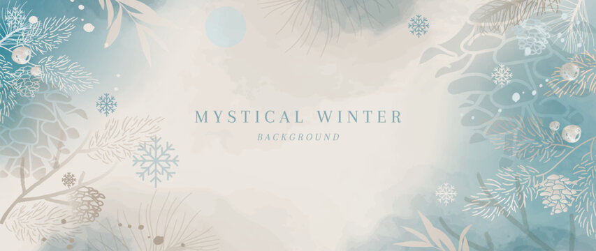 Winter background vector. Hand painted watercolor flower, botanical leaves, pinecone, snowflakes hand drawn. Abstract art design for wallpaper, wall arts, cover, wedding and invite card.