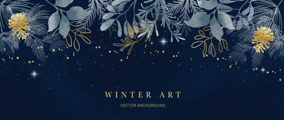 Winter background vector. Hand painted watercolor and gold brush texture, pine cone, botanical leaves, night hand drawing. Abstract art design for wallpaper, wall art, cover, wedding. invite card. - obrazy, fototapety, plakaty