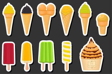 Illustration on theme big kit ice cream popsicle different types in cone waffle cup