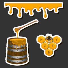 Drop of bee honey drip from hexagonal honeycombs filled with golden nectar