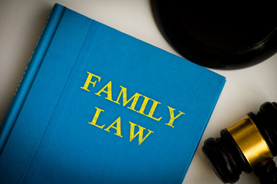 Top view of family law book with gavel on white background.