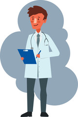 A male doctor holds a syringe and a first aid kit in his hands. Male doctor in a white coat. A syringe and a first aid kit are in his hands. Vector stylized illustration
