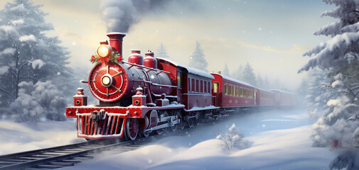 Christmas locomotive on a snowy track illustration,red vintage locomotive on a snowy track in winter, generative ai - obrazy, fototapety, plakaty