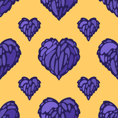 Seamless pattern violet hearts on yellow back