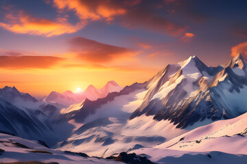 A striking mountain range with snow-capped peaks and a spectacular sky at sunset