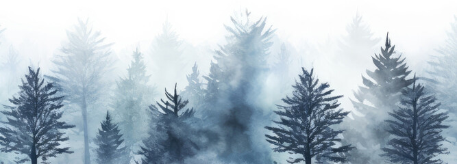 forest in the fog watercolor. watercolor seamless pattern with blue trees in the misty forest. Hand painted illustration, 
