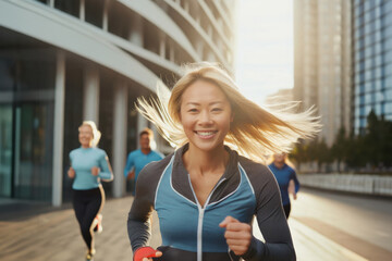 Young blonde woman in sports attire runs joyfully through urban street with others, radiating energy and positivity - obrazy, fototapety, plakaty
