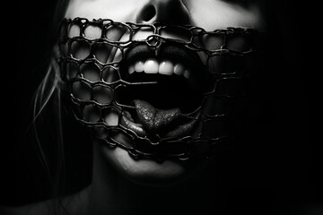 Horror, fine-art, make-up and fashion concept. Abstract and surreal screaming woman close-up portrait. Model face covered with futuristic fabric. Black and white image - obrazy, fototapety, plakaty