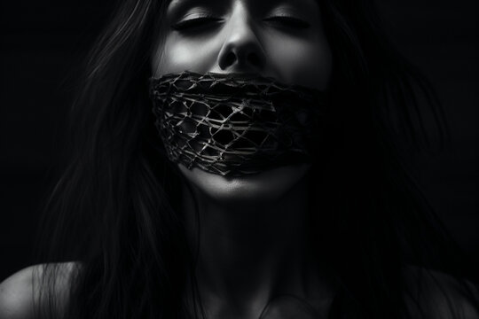 Horror, fine-art, make-up and fashion concept. Abstract and surreal screaming woman close-up portrait. Model face covered with futuristic fabric. Black and white image