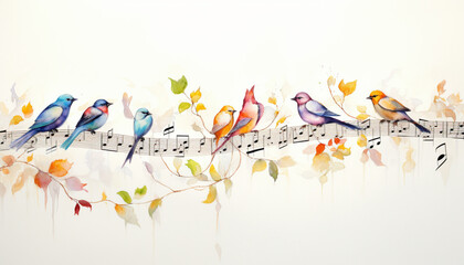 Create a drawing featuring various bird species perched on musical notes or staff lines, creating a harmonious composition