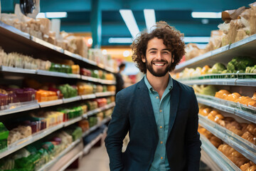 Young man with curly hair and a beard smiles in a grocery store aisle