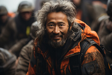 Obraz premium A Man of rescue team helping people in scenes with extreme weather conditions flood, some houses destroyed and trees fallen 