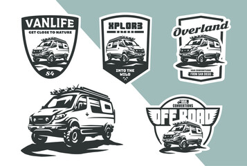 Set of offroad camper van emblems and logo. Logotype for van conversion company. Converted van for offroad expeditions. © dmaryashin