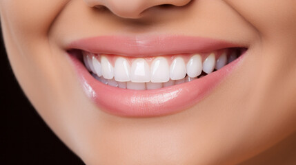 Obraz premium Beautiful female smile after teeth whitening procedure. Dental care. Dentistry concept.