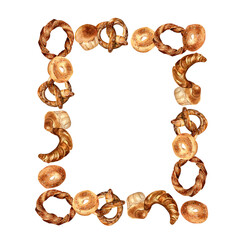 Frame of different types of baked goods watercolor isolated on white. Hand drawn simit, pretzel for bakery. Painted brioche, bagel. Illustration of croissant, bread. Design for bakery, grocery store