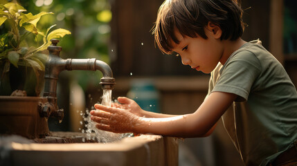 child's hands washing themselves off from the water tap, children's right to access clean water - obrazy, fototapety, plakaty