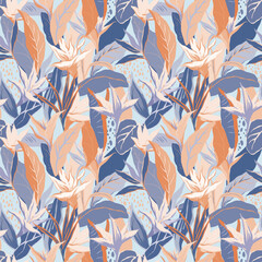 Modern exotic floral tropical vector pattern. Collage contemporary seamless pattern. Hand drawn cartoon style pattern. Minimalism