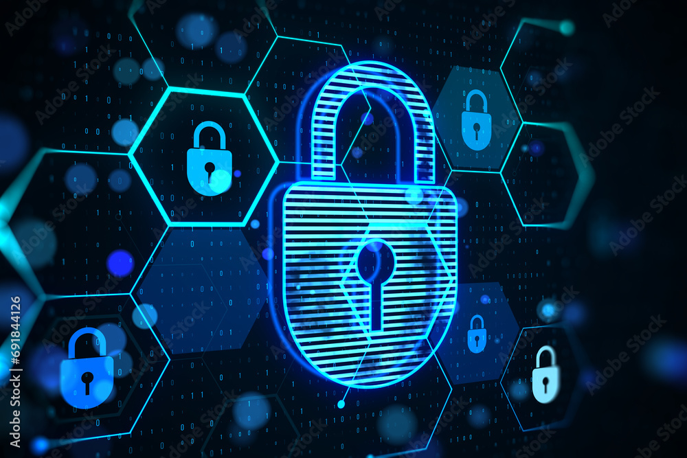 Leinwandbilder Creative glowing hexagonal padlock hologram with binary coding on blurry backdrop. Safety and internet concept. 3D Rendering.