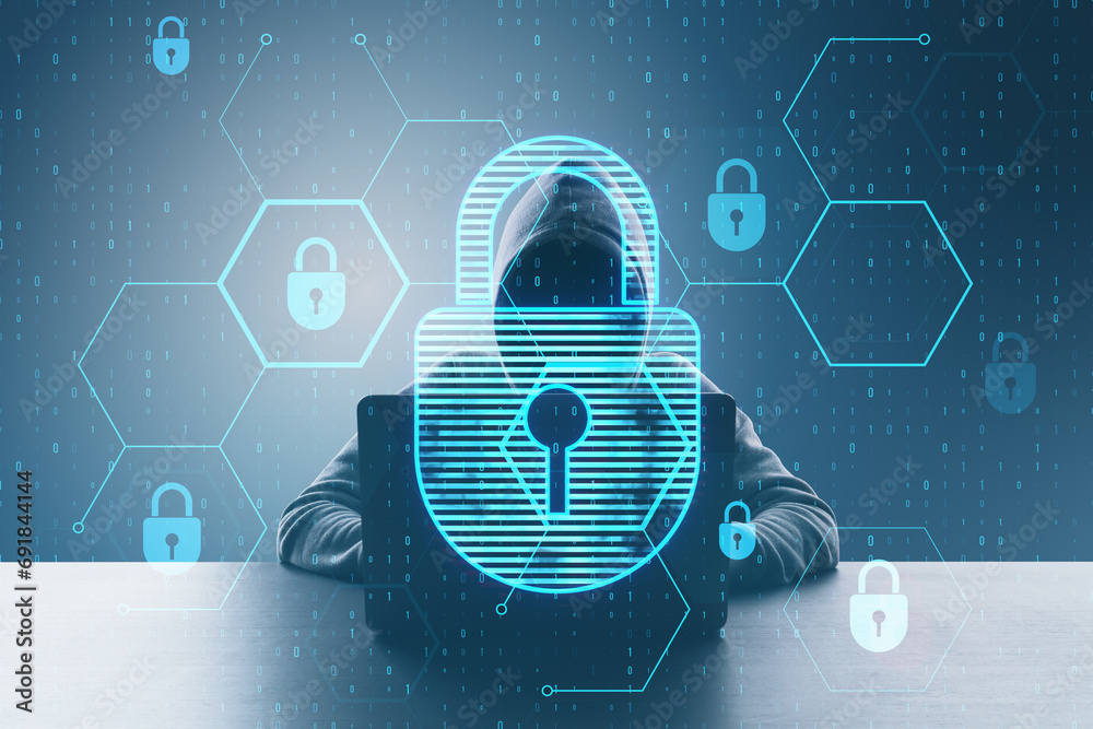 Leinwandbilder Hacker at desktop using laptop with glowing hexagonal padlock hologram with binary coding on blurry background. Safety, hacking, malware and internet concept. Double exposure.