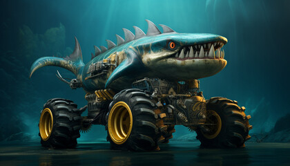 Create a monster truck inspired by the depths of the ocean. Add elements like fish scales, seaweed, and a submarine-like appearance to make it look like it's crushing - obrazy, fototapety, plakaty