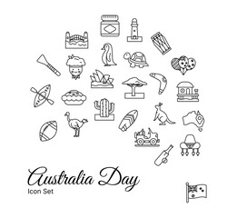 Australia Day Icon Line Set Maps. Set of Aussie, Flag, Sydney Harbour Bridge, Opera, Lighthouse and more
