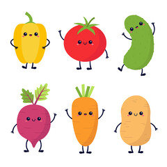 Vegetable icon set. Root, beet, pepper tomato, carrot, potato cucumber. Cute cartoon kawaii character. Smiling face eyes, hands legs. Kids education. Flat design. White background. Isolated.