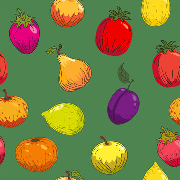 Seamless pattern colorful bright fruits. Hand drawing sketch fruits