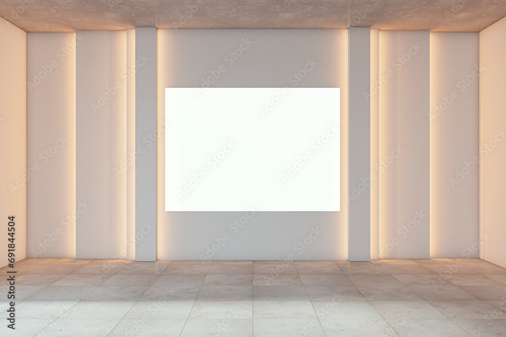 Poster modern empty gallery room interior with white mock up poster on illuminated light wall. 3d rendering