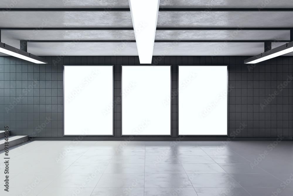 Poster modern underground passage with empty mock up banners, ceiling lamps and stairs. subway tile wall. 3
