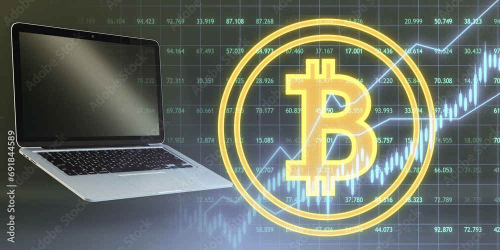 Poster close up of laptop with empty mock up screen and creative bitcoin button, grid, index and candlestic