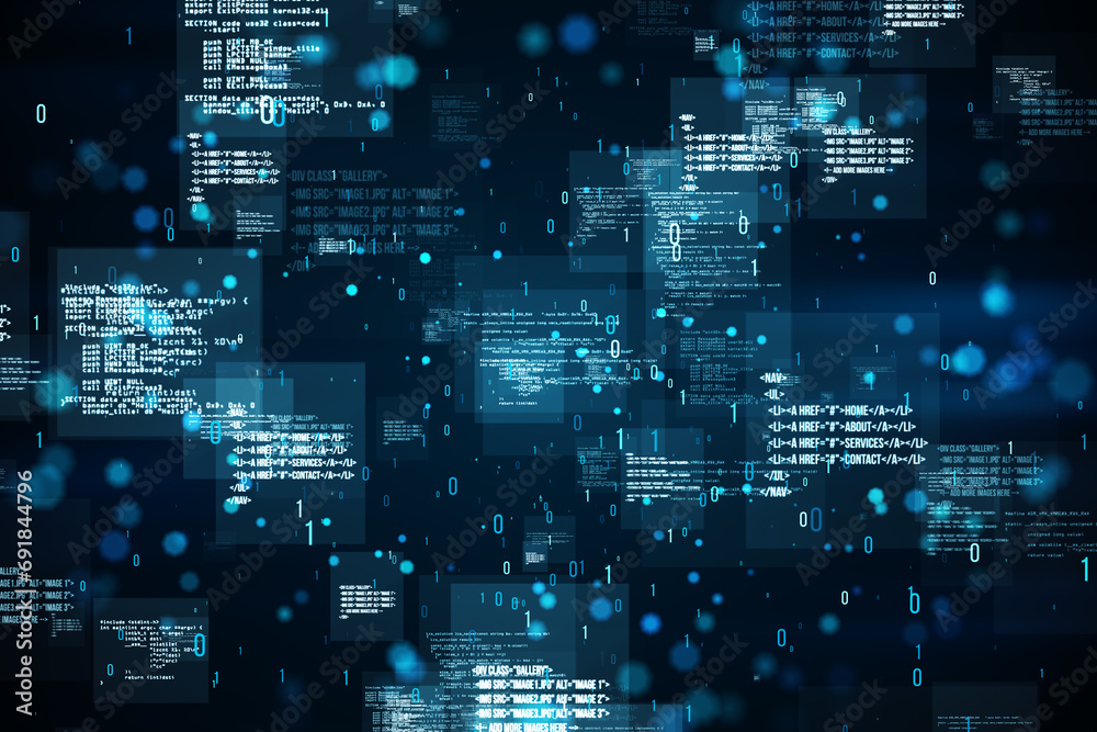 Fototapete Creative binary coding wallpaper. Software programming code. 3D Rendering.